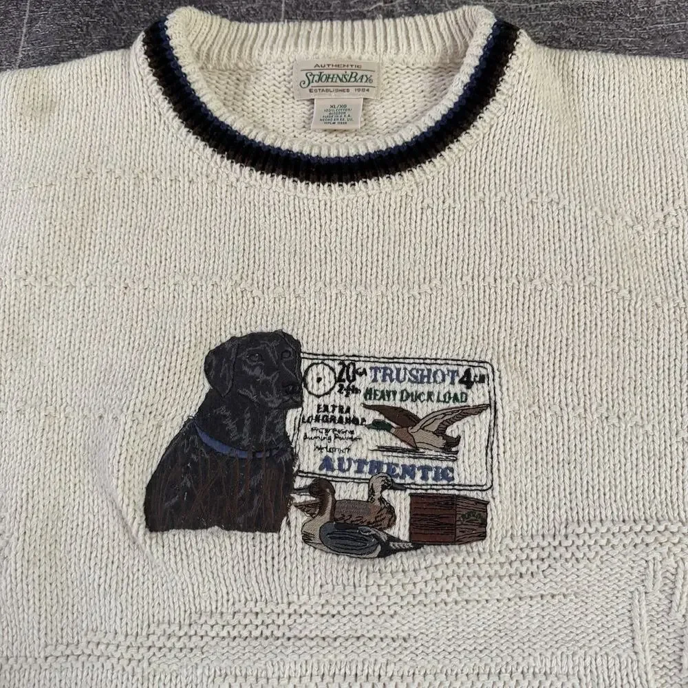 Men's Vintage 90's St Johns Bay Black Lab Duck Hunting Ivory Crewneck Sweater XL